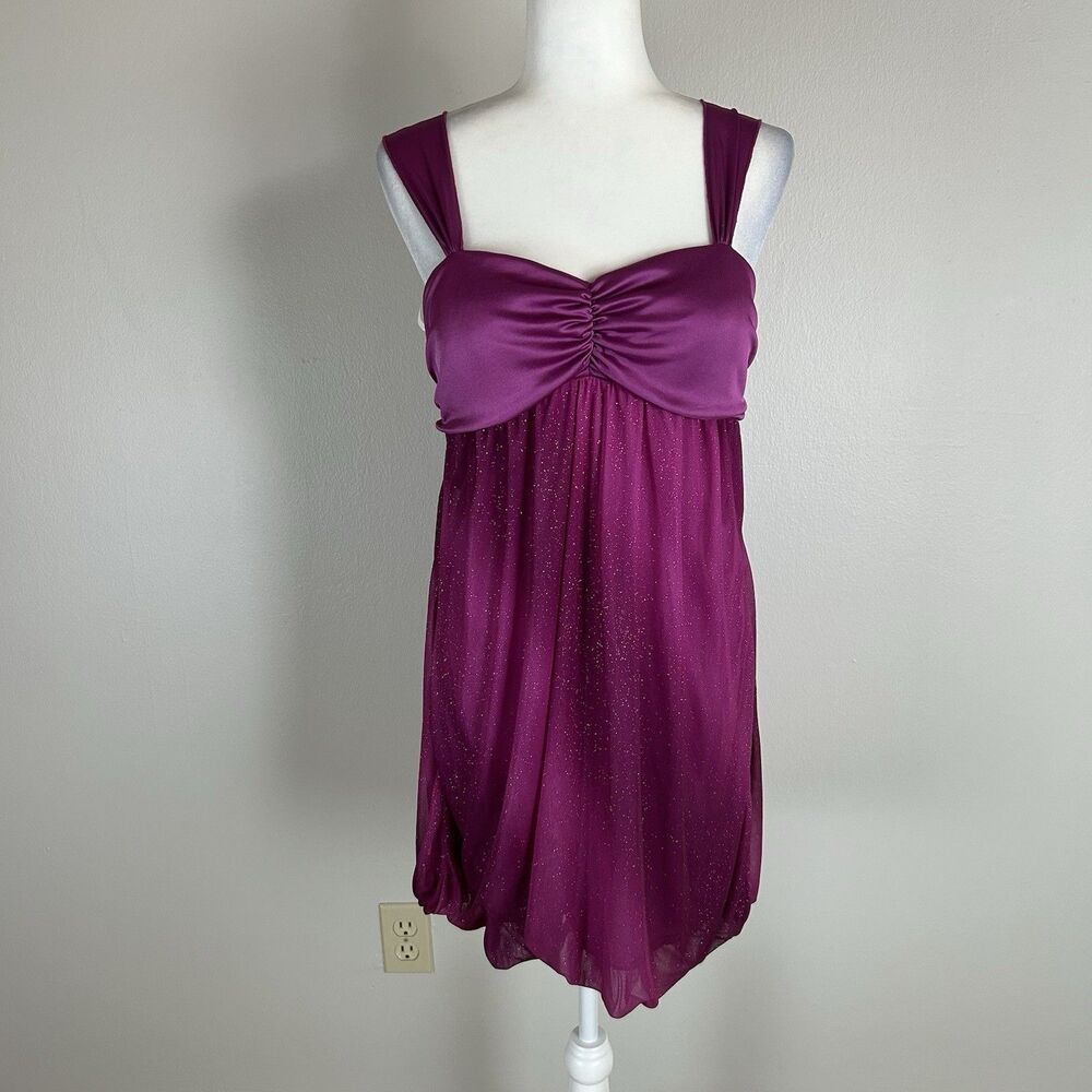 Maddy Paige Y2K L Purple Glitter Dress Satin Prom Dance Mini Babydoll Bubble Hem